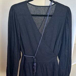 Black Beaded Lariat Necklace with Knotted Detail and Spherical Tassels